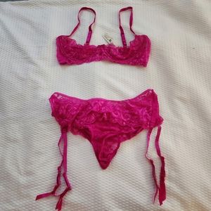 Lace Sheer Balconette Bra & Garter Panty Set - Hot Pink